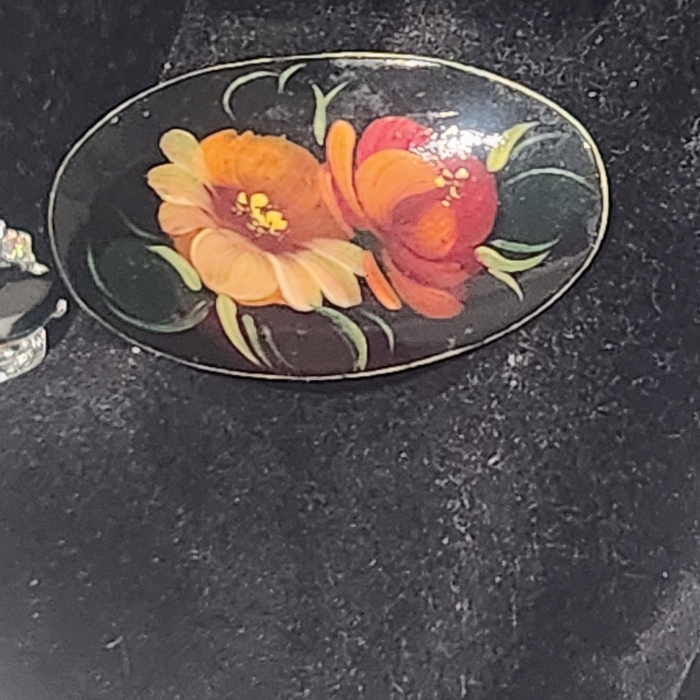 Vintage Russian Hand Painted Lacquer‎ Floral Brooch Signed Oval Black Pin